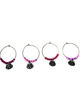 Wine Charms 1"  Charm Beads Silver Hoops Set of 4  Cats Pink Red Beads